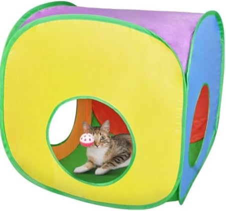 Renkli Kedi ve Köpek Oyun Tüneli – Katlanabilir Küp Model – Geniş Girişli Tasarım – Dayanıklı Kumaş – Eğlenceli Evcil Hayvan Oyuncağı – 52x50x50 cm
