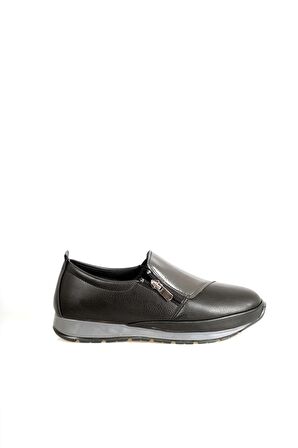  Deri Siyah Gri Yanı Fermuarlı Kadın Ayakkabı