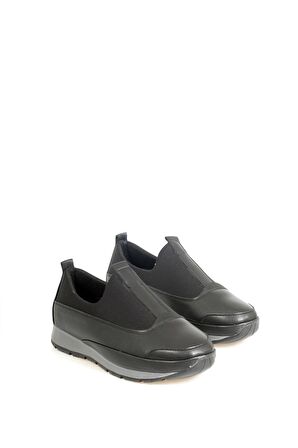 Siyah İçi Deri Ağzı Lastikli Streçli Kadın Ayakkabı