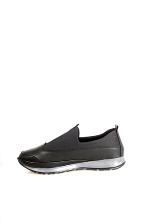Siyah İçi Deri Ağzı Lastikli Streçli Kadın Ayakkabı