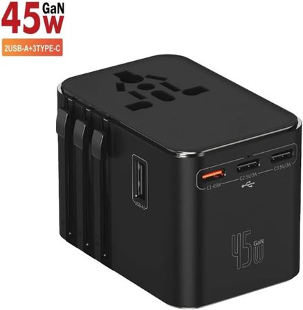 Universal Seyahat Priz Dönüştürücü Adaptör, 45W Şarj Cihazı, 2x Usb Girişi, 3x Type-C Girişi, Uluslararası Güç Adaptörü, US, UK, EU, AU Evrensel Uyum