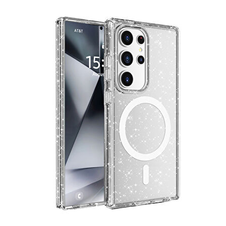 Samsung Galaxy S25 Ultra Kılıf Şeffaf Simli ve Magsafe Özellikli Şık Dazzle Premium Sert Silikon Kapak