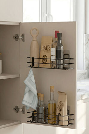 2'li Siyah Dolap Kapağı Yapışkanlı Raf Seti – Mutfak & Banyo Düzenleyici Metal Organizer