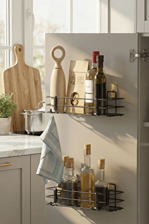 2'li Siyah Dolap Kapağı Yapışkanlı Raf Seti – Mutfak & Banyo Düzenleyici Metal Organizer