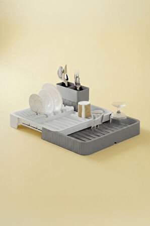 Gri - Uzayabilir Sürgülü Bulaşık Sepeti, Lavabo/Tezgah Üstü Açılır Kapanır Bulaşıklık Kurutma Sepeti