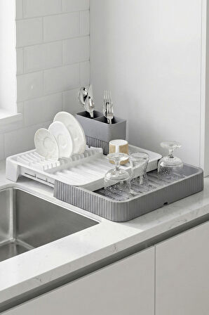 Gri - Uzayabilir Sürgülü Bulaşık Sepeti, Lavabo/Tezgah Üstü Açılır Kapanır Bulaşıklık Kurutma Sepeti