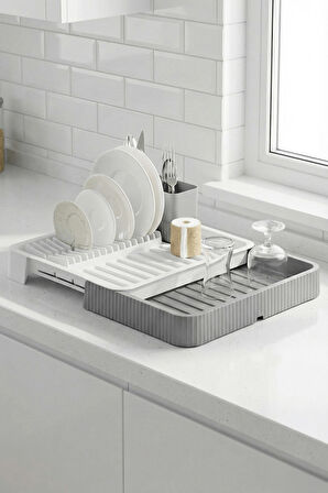 Gri - Uzayabilir Sürgülü Bulaşık Sepeti, Lavabo/Tezgah Üstü Açılır Kapanır Bulaşıklık Kurutma Sepeti