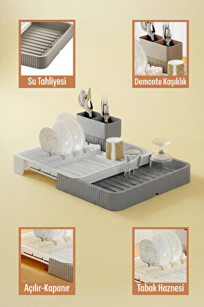 Gri - Uzayabilir Sürgülü Bulaşık Sepeti, Lavabo/Tezgah Üstü Açılır Kapanır Bulaşıklık Kurutma Sepeti