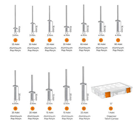 Toko Hobi-4 Alüminyum Pop Perçin Seti 411 Parça 13 Çeşit Organizer Takım Çantalı