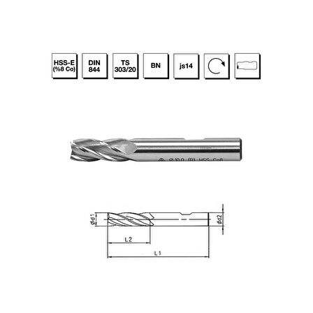 MTE Makina Takım 11.0 mm HSS - E (%8Co) DIN 844 BN Silindirik Saplı Parmak Freze - Kısa - B00276181100