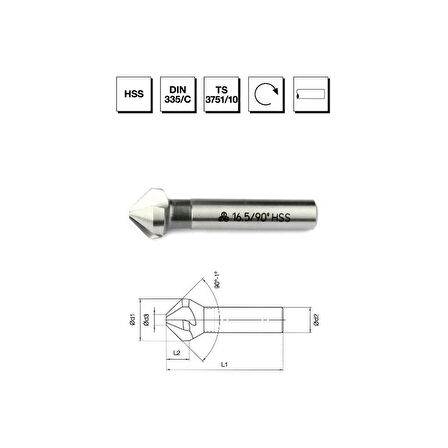 MTE Makina Takım 16.5 mm HSS DIN 335/C 3 Ağızlı Silindirik Saplı Havşa Freze - 90° - B00313121650