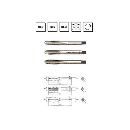 MTE Makina Takım W 7/16" HSS MTE Normu Whitworth Normal Vidalı 3'lü Takım Kılavuzu (El Kılavuzu) - B00100101111