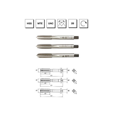 MTE Makina Takım 3/4" HSS MTE Normu USA Normal Vidalı 3'lü Takım Kılavuzu - UNC - B00100141905