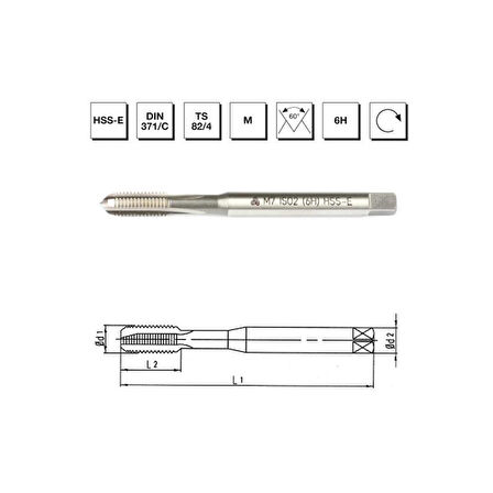 MTE Makina Takım M6 HSS - E DIN 371/C Metrik Normal Vidalı Düz Kanallı Makina Kılavuzu - B00105720600