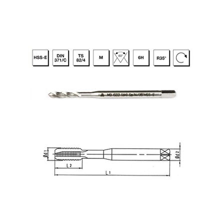 MTE Makina Takım M4 HSS - E DIN 371/C Metrik Normal Vidalı Helis Kanallı Makina Kılavuzu - B00105790134