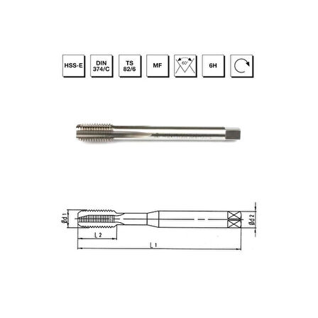 MTE Makina Takım M12x1.25 HSS - E DIN 374/C Metrik İnce Vidalı Düz Kanallı Makina Kılavuzu - B00105751200