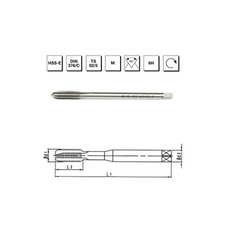MTE Makina Takım M16 HSS - E DIN 376/C Metrik Normal Vidalı Düz Kanallı Makina Kılavuzu - B00105781600