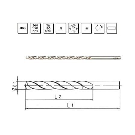 MTE Makina Takım 2.5 mm HSS DIN 1869 -1 Silindirik Saplı Çok Uzun Matkap Ucu N Tipi - B00007500250