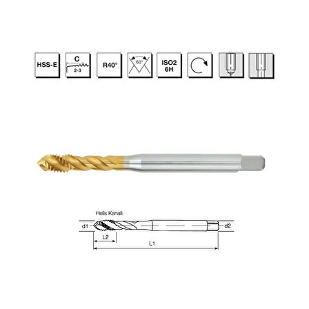 MTE Makina Takım M12 HSS-E DIN-371 Galaksi M Üniversal 40° Helis Kanallı TİN Kaplı Yüksek Performanslı Kılavuz - B**800011200