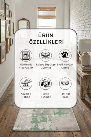 Ceren Yeşil Dijital Baskılı Kaymaz Yıkanabilir Yolluk - Leke Tutmaz Yeşil