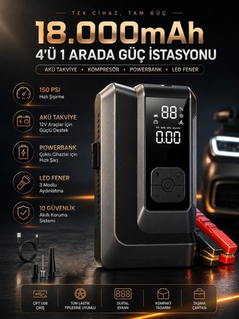 Q16B Akü Takviye Cihazı 18000mAh, 150 PSI Hava Kompresörü, Jump Starter Powerbank, LED Fenerli Dijital Ekranlı Lastik Şişirme Pompası, 12V Araç Destek Cihazı