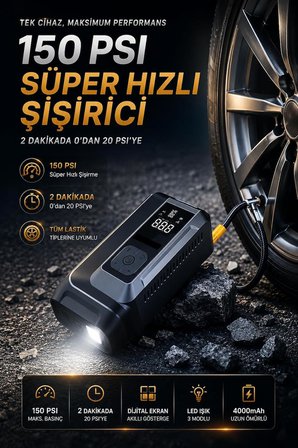Q16B Akü Takviye Cihazı 18000mAh, 150 PSI Hava Kompresörü, Jump Starter Powerbank, LED Fenerli Dijital Ekranlı Lastik Şişirme Pompası, 12V Araç Destek Cihazı