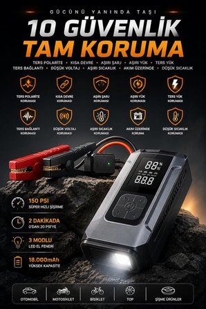 Q16B Akü Takviye Cihazı 18000mAh, 150 PSI Hava Kompresörü, Jump Starter Powerbank, LED Fenerli Dijital Ekranlı Lastik Şişirme Pompası, 12V Araç Destek Cihazı