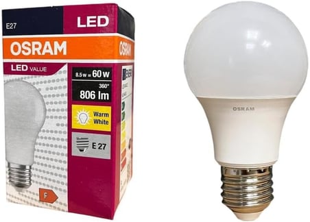 Osram Ledvalue 8.5W E27 Led Ampul | 2700K Sıcak Sarı İşık, 806 Lümen, 60W Eşdeğer | Enerji Tasarruflu Ampul – 10'Lu Paket
