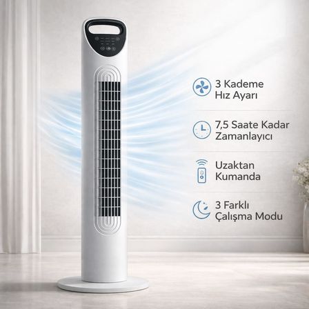 Kule Tipi Vantilatör, Uzaktan Kumandalı, 3 Kademeli Hız Ayarı, 7.5 Saat Zamanlayıcı, Salınımlı Sessiz Fan, 45W, Ev Ofis Yatak Odası İçin
