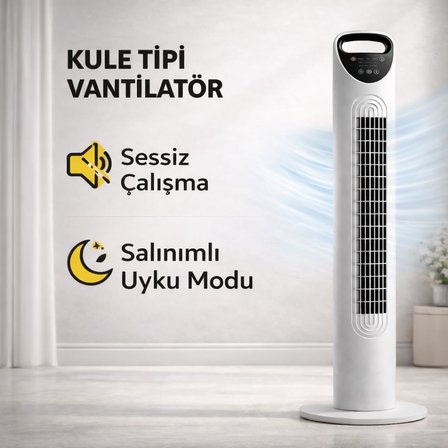 Kule Tipi Vantilatör, Uzaktan Kumandalı, 3 Kademeli Hız Ayarı, 7.5 Saat Zamanlayıcı, Salınımlı Sessiz Fan, 45W, Ev Ofis Yatak Odası İçin