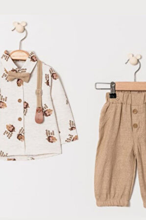 Erkek Bebek Kirpi Baskılı Slopetli Papyonlu Takım