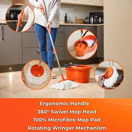 Focus Otomatik Temizlik Seti, Pedalsız Döner Sıkmalı 360 Başlıklı Mikrofiber Paspas