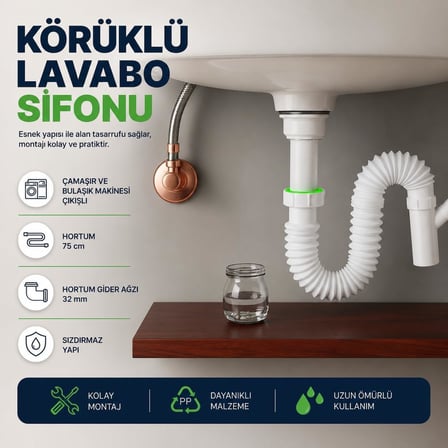Çamaşır Çıkışlı Sifon, Lavabo Gider Sifonu, Çamaşır ve Bulaşık Makinesi Bağlantılı Lavabo Sifonu, Koku Önleyici, Sızdırmaz Tasarım, Kolay Montaj, Ev, Banyo ve Mutfak Kullanımı