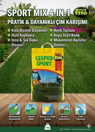 Sport Karışımı 4 Mix Çim Tohumu 5 KG Parklar Bahçeler Spor Alanları için