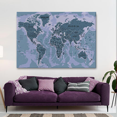 Harita Sepeti Dünya Haritası Son Derece Ayrıntılı Eğitici Okyanuslu Dekoratif Kanvas Tablo 2513