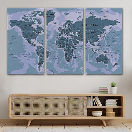 Harita Sepeti Dünya Haritası Son Derece Ayrıntılı Eğitici Okyanuslu Dekoratif Kanvas Tablo 2513