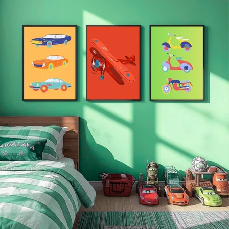 Besay Tam Gaz Macera:Renkli Arabalar, Uçak ve Vespa Çocuk Odası Posteri–Dekoratif 3lü Set A3 Çerçevesiz