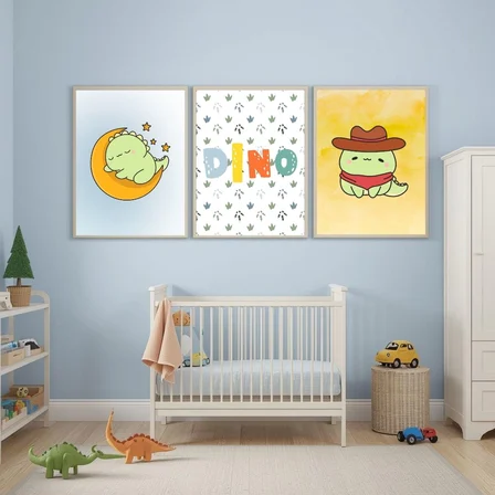 Besay Dino Patileri:Sevimli Kovboy ve Ay Dedeli Dinozor Çocuk Odası Posteri–Dekoratif 3lü Set A3 Çerçevesiz