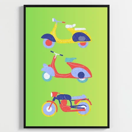 Besay Tam Gaz Macera:Renkli Arabalar, Uçak ve Vespa Çocuk Odası Posteri–Dekoratif 3lü Set A2 Çerçevesiz