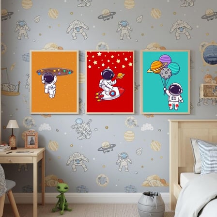 Besay Uzay Yolculuğu Astronot Çocuk Odası Posteri–Dekoratif 3lü Set A2 Çerçevesiz