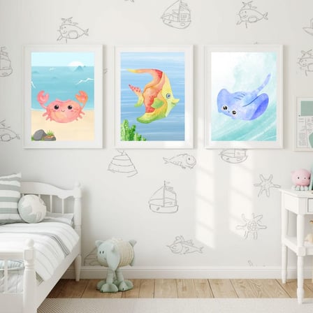 Besay Aqua:Sevimli Deniz Canlıları Çocuk Odası Posteri–Dekoratif 3lü Set A2 Çerçevesiz