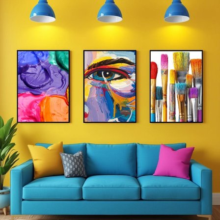 Besay Ressamın Gözünden | Modern Salon Duvar Dekorasyonu | Renkli Sanat Ve Fırça Posteri | 3'Lü Set A3 Çerçevesiz