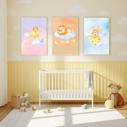 Besay Küçük Kralın Rüyası | Yavru Aslanlı Suluboya Gezegen Ve Bulut Temalı Bebek Odası Posteri | 3'Lü Çocuk Odası Poster Seti A3 Çerçevesiz