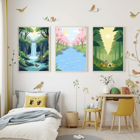 Besay Doğa Kaşifi | Çocuk Odası Manzara Tablosu | Kamp Ve Şelale Temalı Bebek Odası Posteri | 3'Lü Set A3 Çerçevesiz