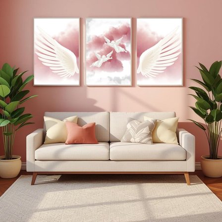 Besay Kanatlanmış | Modern Yatak Odası Duvar Dekorasyonu | Pembe Bulutlu Melek Kanadı Posteri | 3'Lü Set A3 Çerçevesiz
