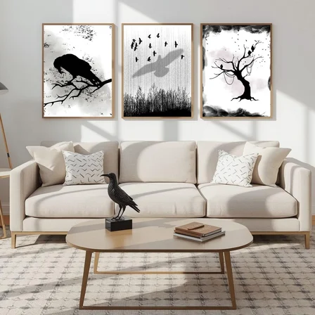 Besay Modern Kuzgun Ve Kuş Temalı Poster Seti | Gotik Gizemli Duvar Dekorasyonu | Siyah Beyaz Karga Ve Dal Tasarımlı Poster | 3