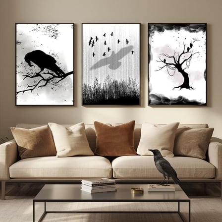 Besay Modern Kuzgun Ve Kuş Temalı Poster Seti | Gotik Gizemli Duvar Dekorasyonu | Siyah Beyaz Karga Ve Dal Tasarımlı Poster | 3