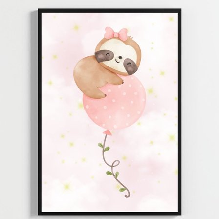 Besay Sevimli Tembel Hayvan | Bebek Odası Duvar Dekorasyonu | Pembe Bulutlu Ve Balonlu Çocuk Odası Posteri | 3'Lü Set A3 Çerçev