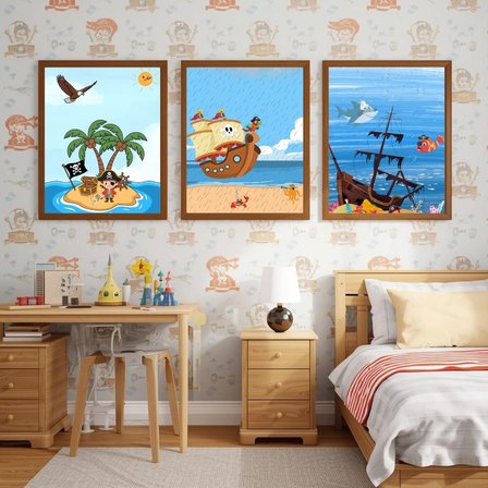 Besay Korsan Macerası | Erkek Çocuk Odası Duvar Dekorasyonu | Mavi Okyanus Ve Korsan Gemisi Posteri | 3'Lü Set A3 Çerçevesiz