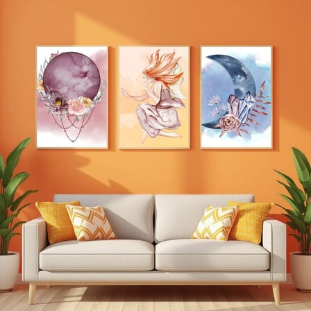 Besay Kozmik Rüya | Meditasyon Ve Yoga Odası Dekorasyonu | Çiçekli Kristal Ve Kadın Figürlü Poster | 3'Lü Set A3 Çerçevesiz